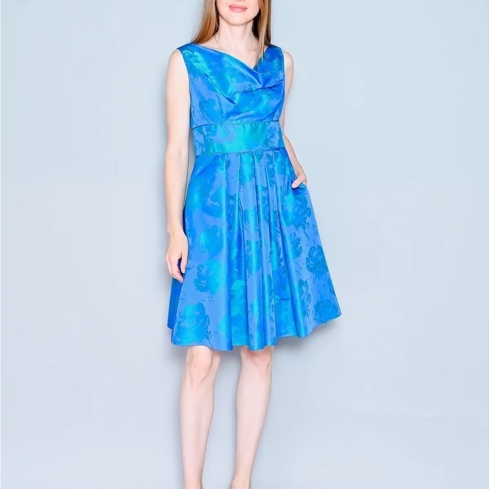 THEIA Floral Jacquard Sleeveless Pleated Dress‎ in Blue Green Size 8
